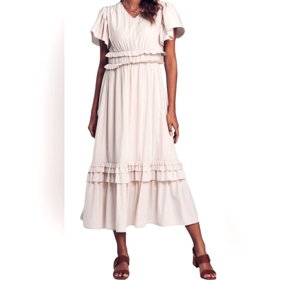 Ivory Short Sleeve V Neck Ruffle Accent Dress Womens Size XL Lightweight
